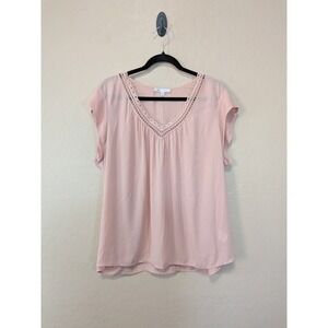 DR2 Pink Lace V Neck Short Sleeve Blouse Sz XL Flowy Romantic Feminine Soft Girl